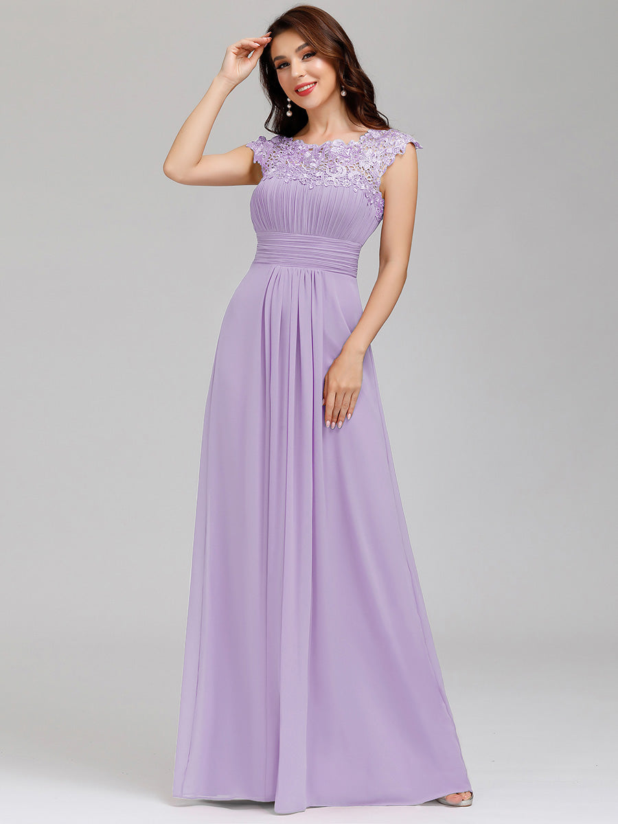 Color=Lavender | Lacey Neckline Open Back Ruched Bust Wholesale Evening Dresses-Lavender 4