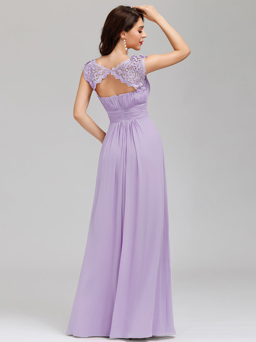 Color=Lavender | Lacey Neckline Open Back Ruched Bust Wholesale Evening Dresses-Lavender 2