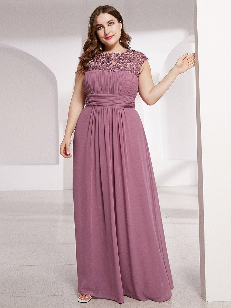 Color=Orchid | Lacey Neckline Open Back Ruched Bust Plus Size Evening Dresses-Orchid 4