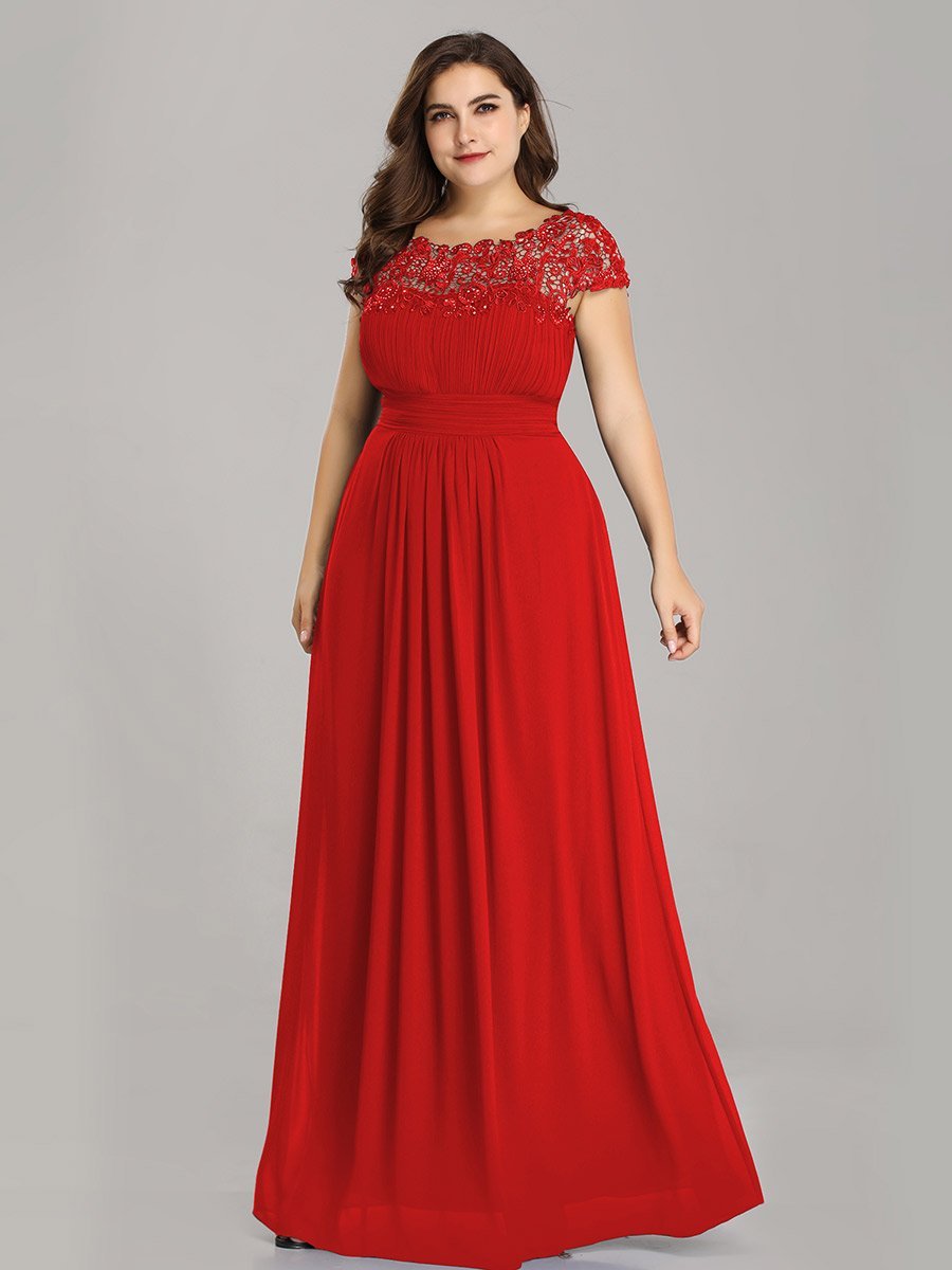 Color=Red | Lacey Neckline Open Back Ruched Bust Plus Size Evening Dresses-Red 3