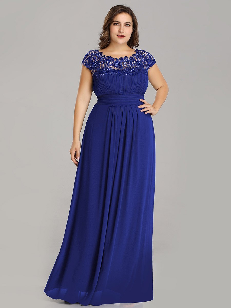 Color=Sapphire Blue | Lacey Neckline Open Back Ruched Bust Plus Size Evening Dresses-Sapphire Blue 4