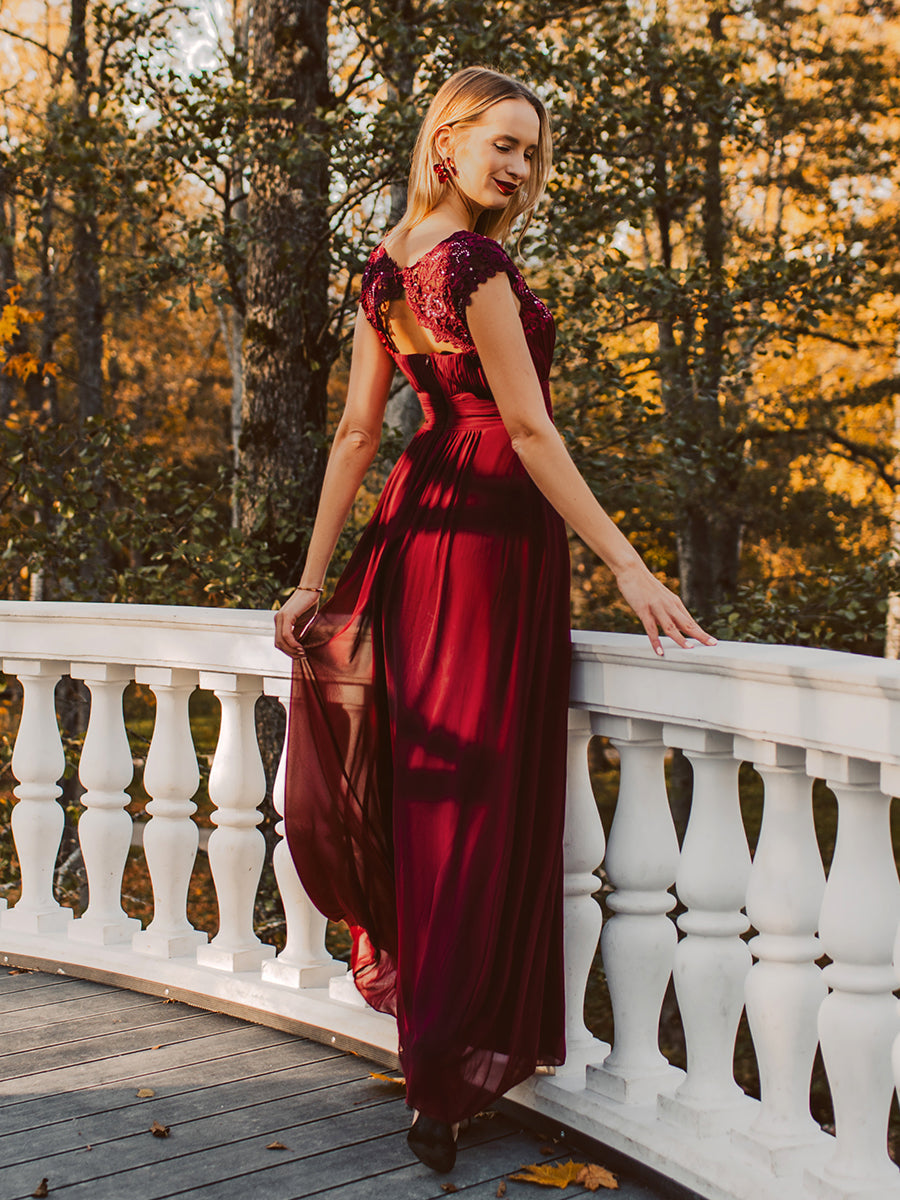 Color=Burgundy | Lacey Neckline Open Back Ruched Bust Evening Dresses-Burgundy 3