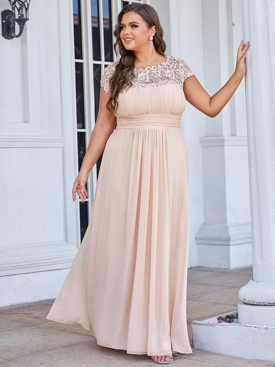 Color=Blush | Lacey Neckline Open Back Ruched Bust Plus Size Evening Dresses-Blush 2