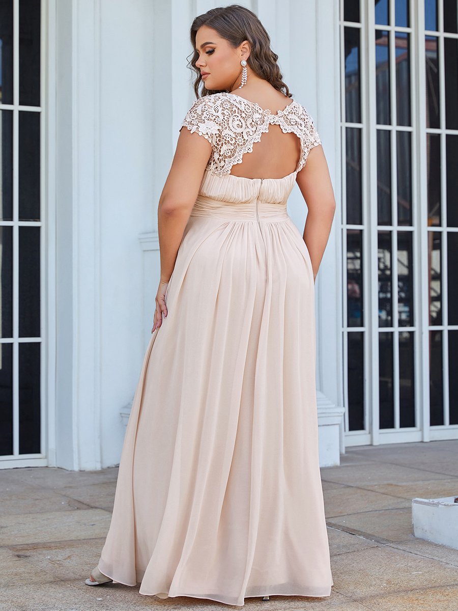 Color=Blush | Lacey Neckline Open Back Ruched Bust Plus Size Evening Dresses-Blush 4