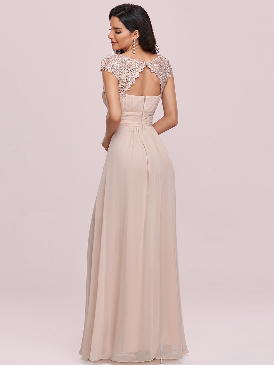 Color=Blush | Lacey Neckline Open Back Ruched Bust Evening Dresses-Blush 2