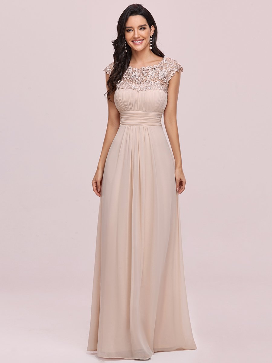 Color=Blush | Lacey Neckline Open Back Ruched Bust Evening Dresses-Blush 1