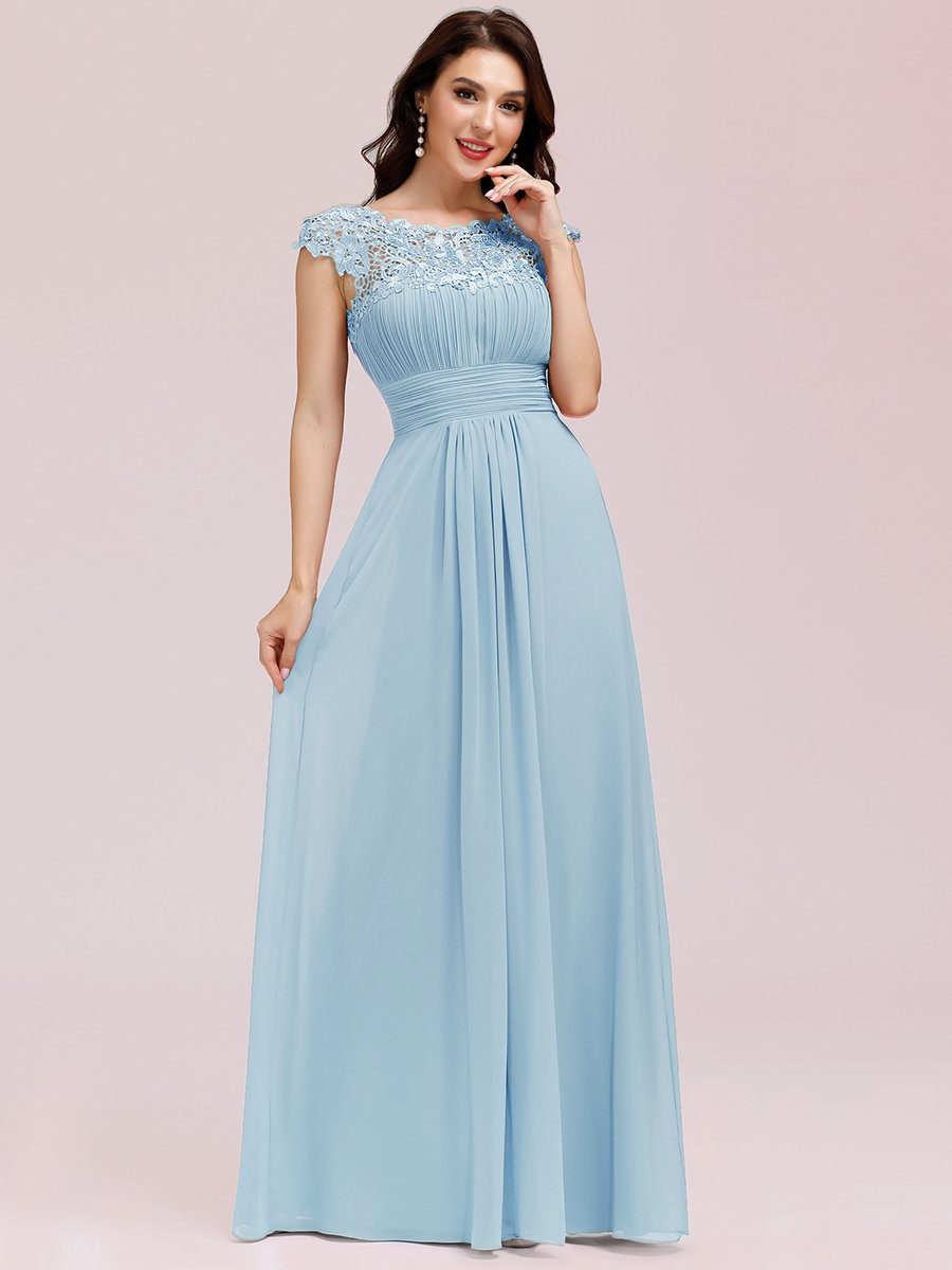 Color=Sky Blue | Lacey Neckline Open Back Ruched Bust Evening Dresses-Sky Blue 3