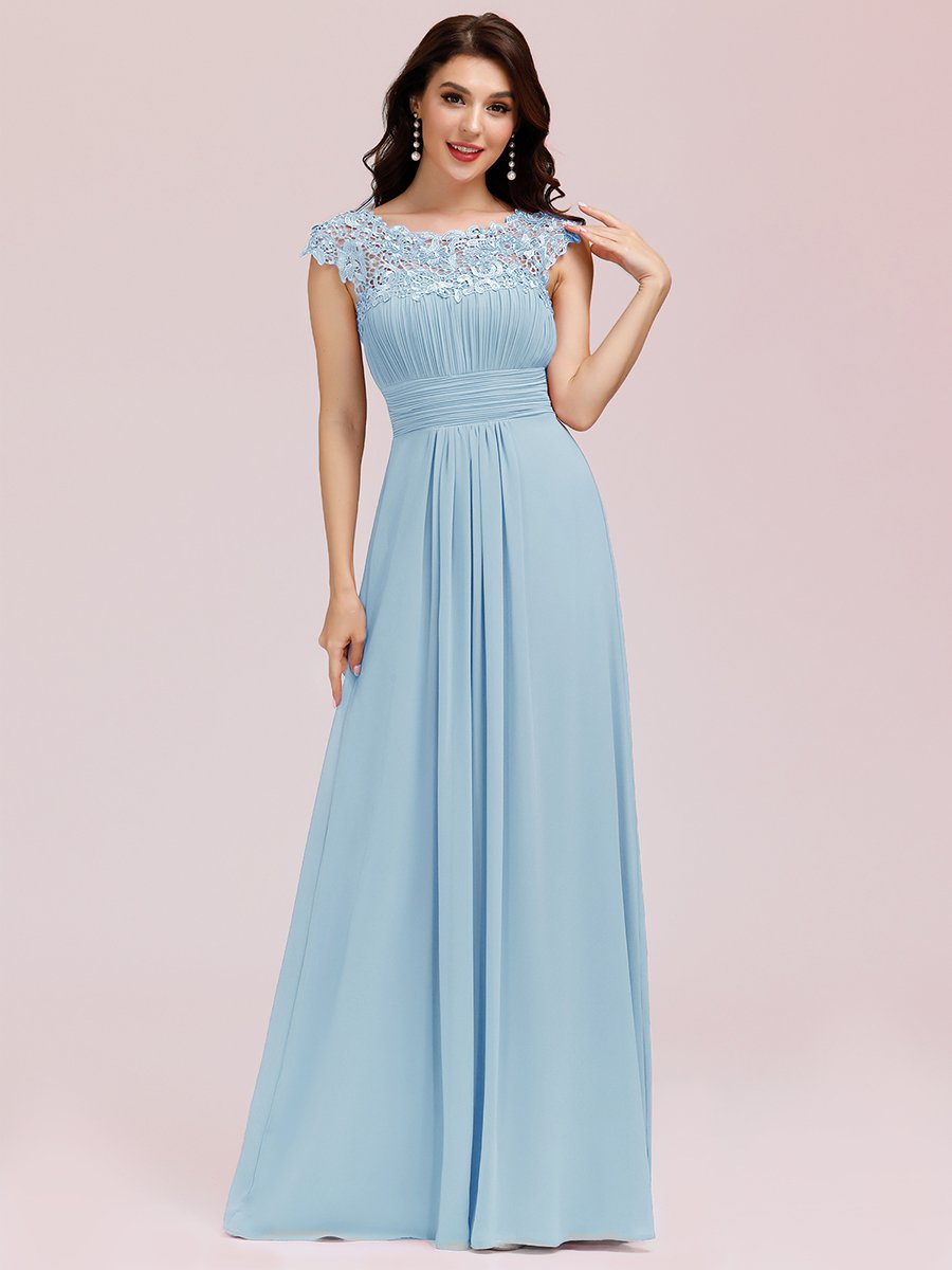 Color=Sky Blue | Lacey Neckline Open Back Ruched Bust Evening Dresses-Sky Blue 1