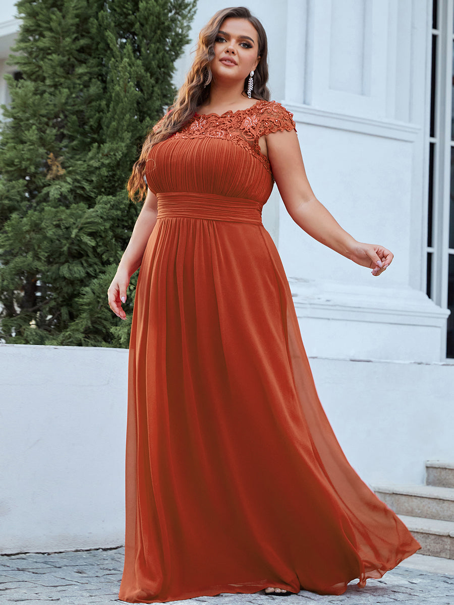 Color=Burnt orange | Lacey Neckline Open Back Ruched Bust Plus Size Evening Dresses-Burnt orange 2