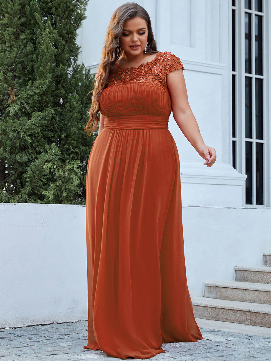 Color=Burnt orange | Lacey Neckline Open Back Ruched Bust Plus Size Evening Dresses-Burnt orange 3