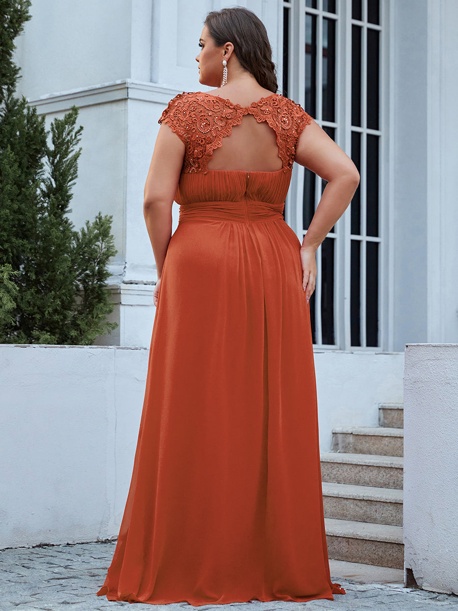 Color=Burnt orange | Lacey Neckline Open Back Ruched Bust Plus Size Evening Dresses-Burnt orange 4