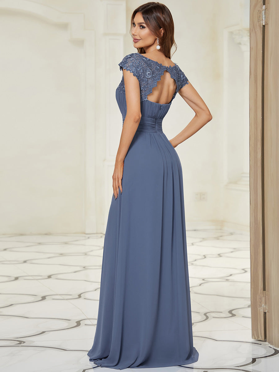 Color=Dusty Blue | Lacey Neckline Open Back Ruched Bust Evening Dresses-Dusty Blue 2