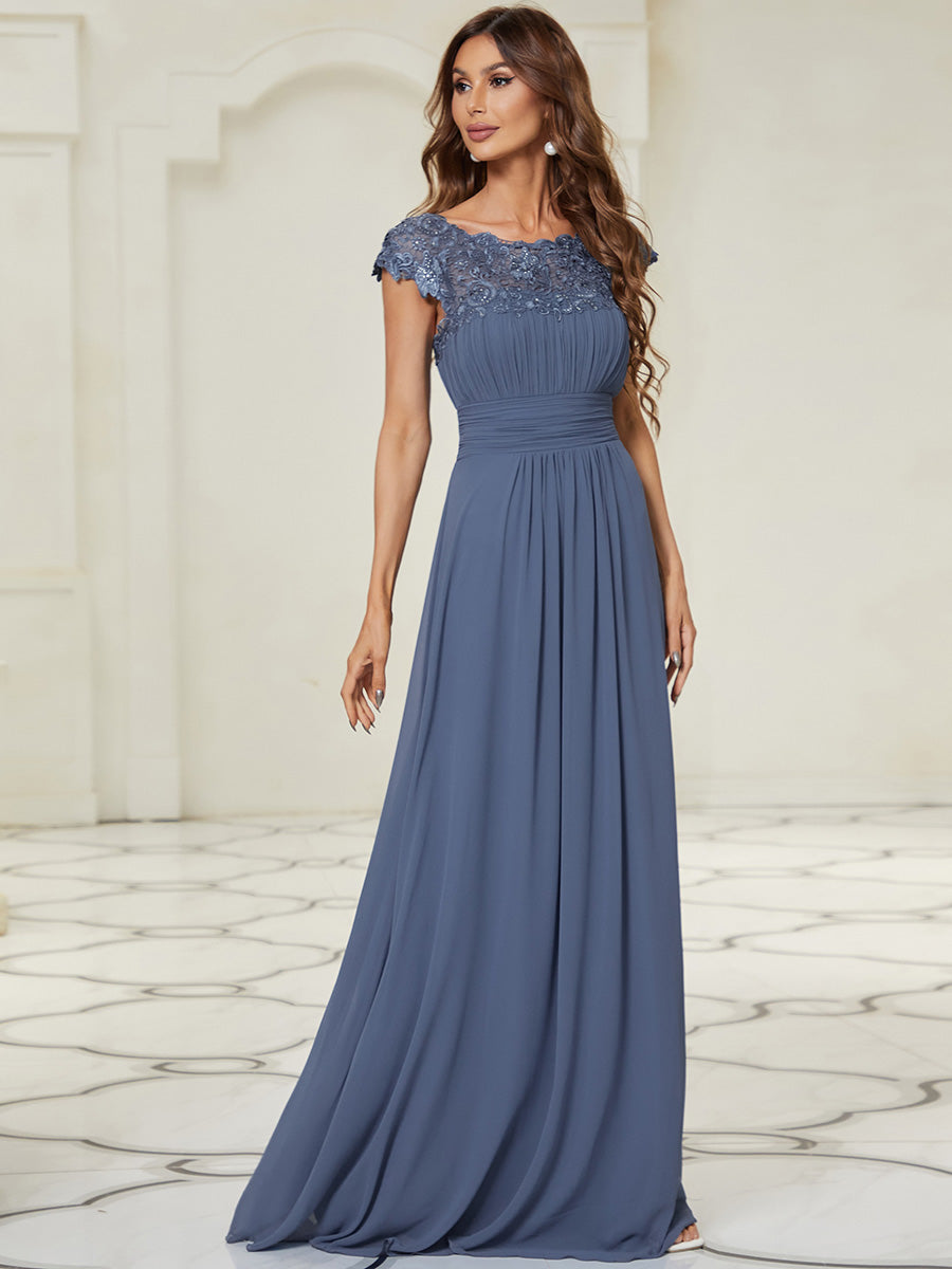 Color=Dusty Blue | Lacey Neckline Open Back Ruched Bust Evening Dresses-Dusty Blue 3
