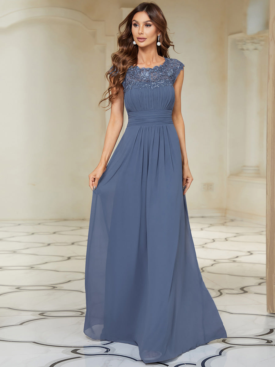 Color=Dusty Blue | Lacey Neckline Open Back Ruched Bust Evening Dresses-Dusty Blue 1