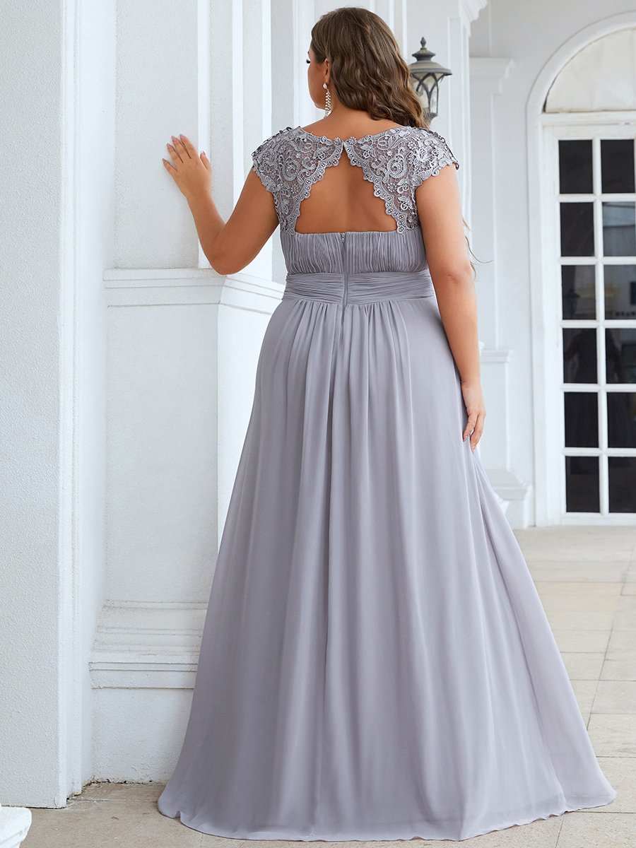 Color=Grey | Lacey Neckline Open Back Ruched Bust Plus Size Evening Dresses-Grey 2