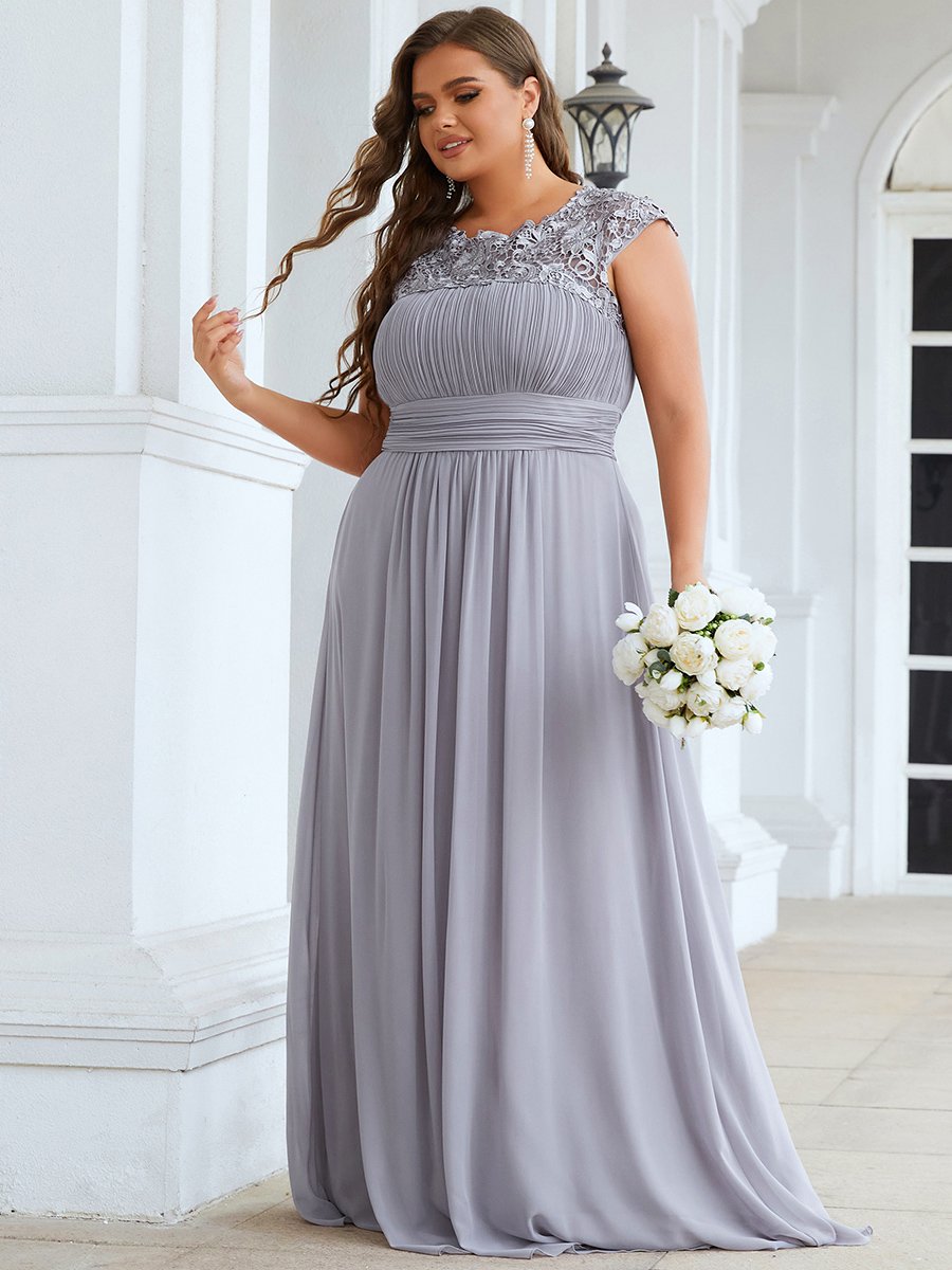 Color=Grey | Lacey Neckline Open Back Ruched Bust Plus Size Evening Dresses-Grey  4