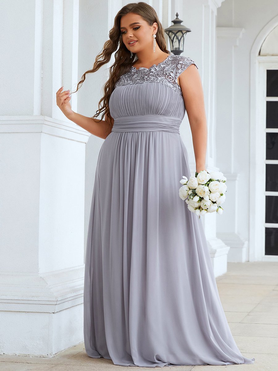 Color=Grey | Lacey Neckline Open Back Ruched Bust Plus Size Evening Dresses-Grey 4