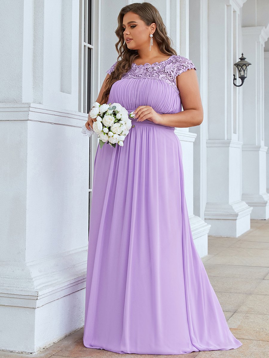 Color=Lavender | Lacey Neckline Open Back Ruched Bust Plus Size Evening Dresses-Lavender 3
