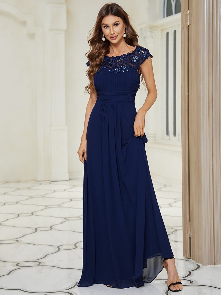 Color=Navy Blue| Lacey Neckline Open Back Ruched Bust Evening Dresses-Navy Blue 4