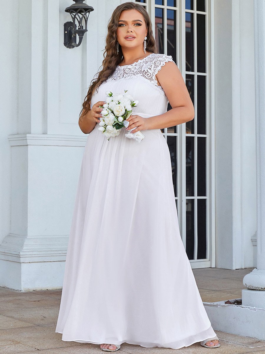Color=White | Lacey Neckline Open Back Ruched Bust Plus Size Evening Dresses-White 2