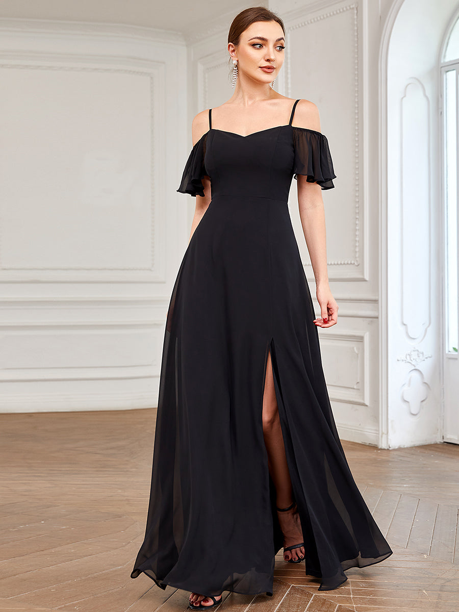 Color=Black | Wholesale High Split Chiffon Bridesmaid Dress With Spaghetti Straps-Black 3