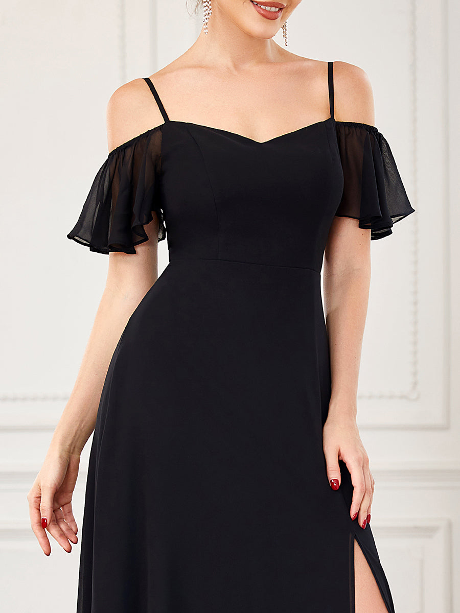 Color=Black | Wholesale High Split Chiffon Bridesmaid Dress With Spaghetti Straps-Black 6