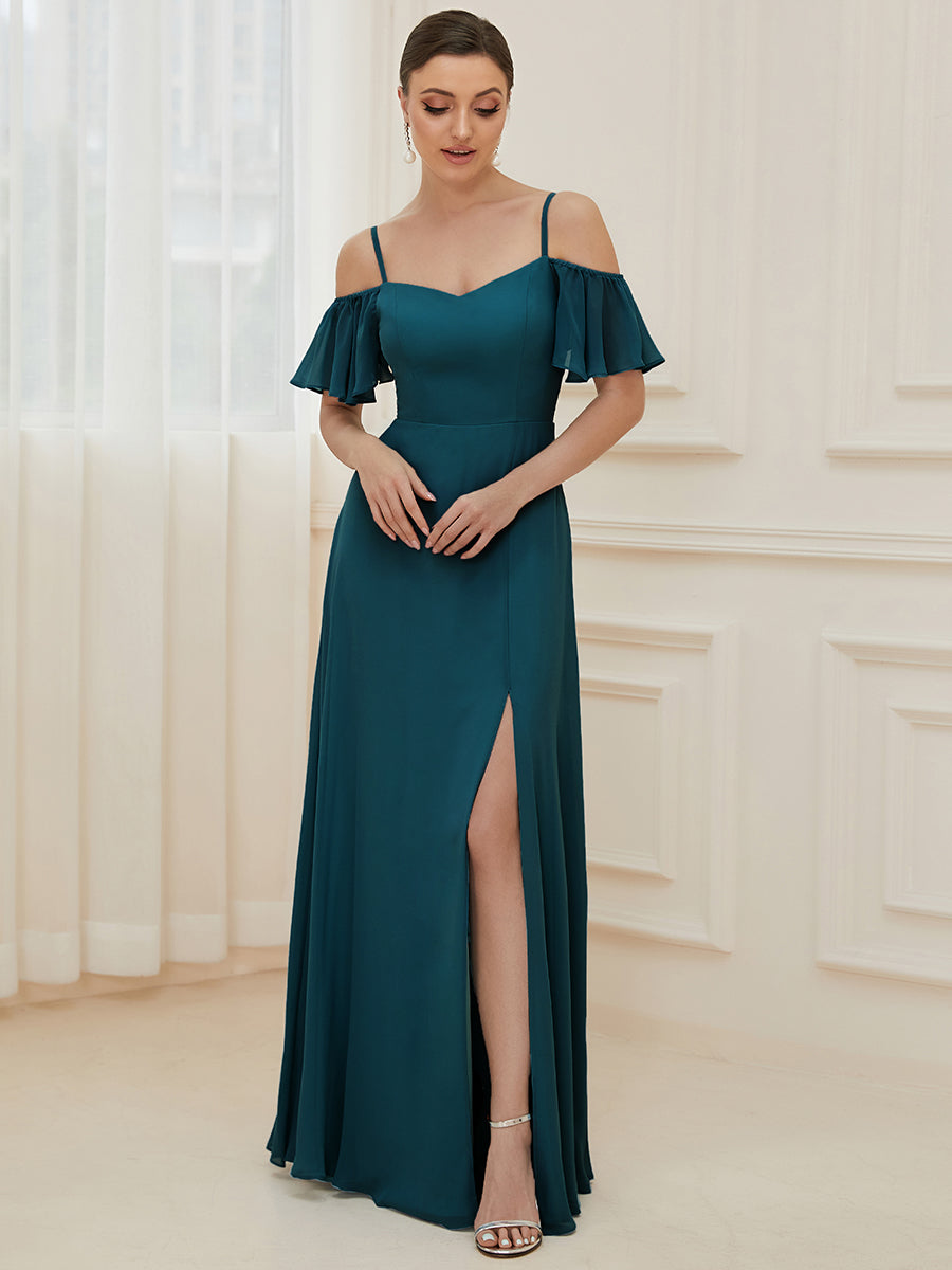 Color=Teal | Wholesale High Split Chiffon Bridesmaid Dress With Spaghetti Straps-Teal 1