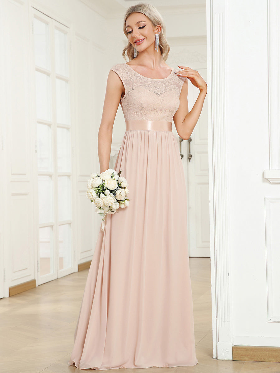 Color=Blush | Wholesale V Back Belted Lace & Chiffon Bridesmaid Dresses-Blush 1