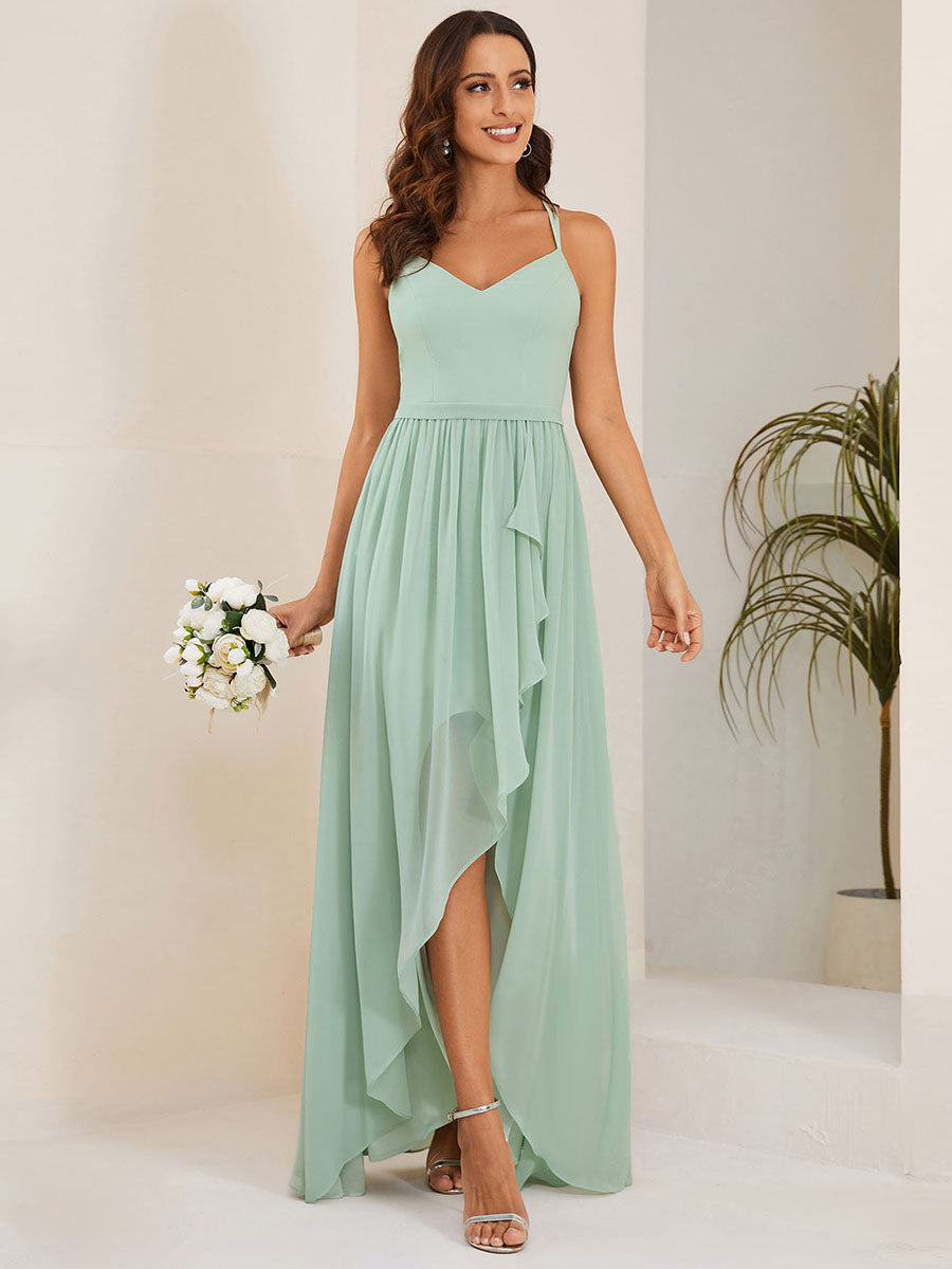 Color=Mint Green | Spaghetti Straps Slit A-Line Wholesale Chiffon Bridesmaid Dress With Ruffle Detail-Mint Green 1