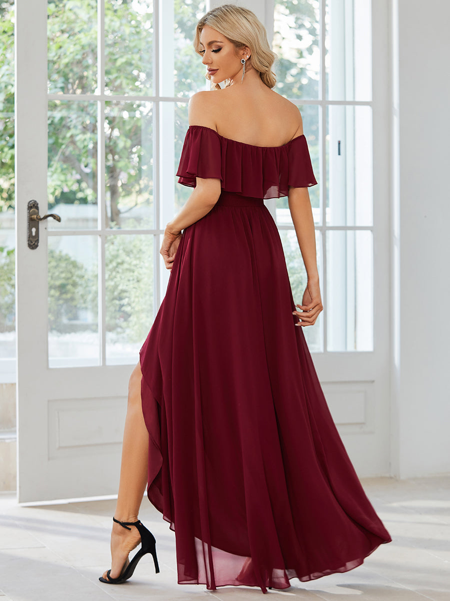 Color=Burgundy | Off Shoulder Chiffon Split Wholesale Bridesmaid Dresses-Burgundy 2