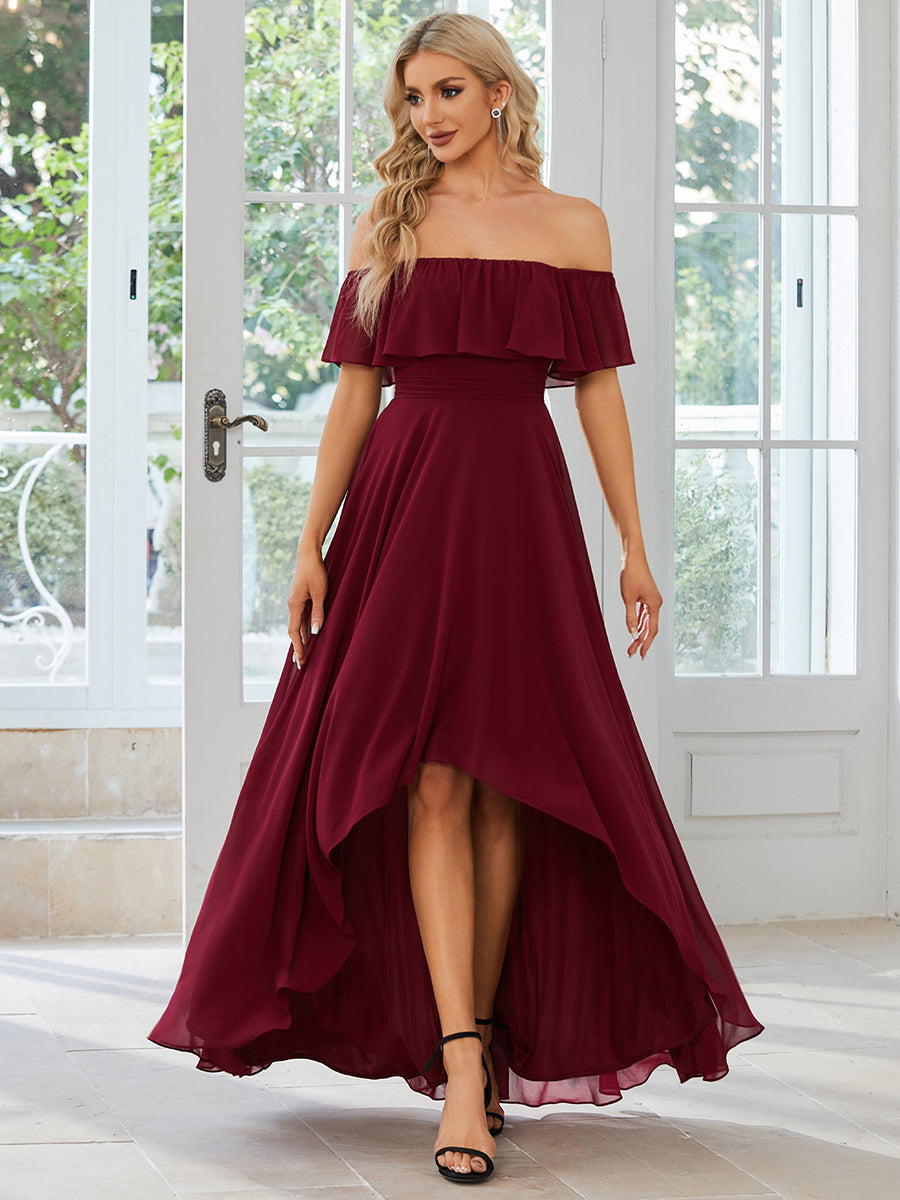 Color=Burgundy | Off Shoulder Chiffon Split Wholesale Bridesmaid Dresses-Burgundy 3