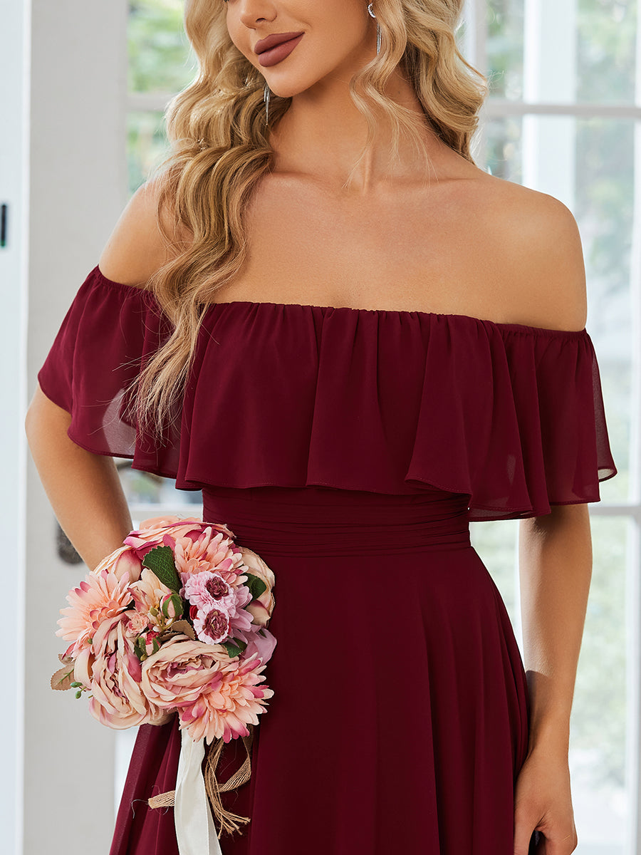 Color=Burgundy | Off Shoulder Chiffon Split Wholesale Bridesmaid Dresses-Burgundy 5