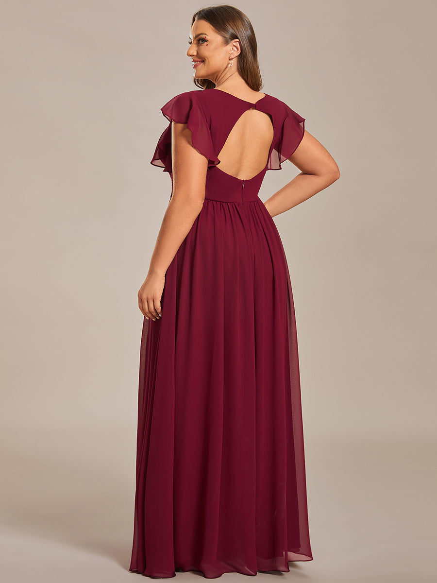 Color=Burgundy | V Neck Pleated Belted Ruffles Wholesale Bridesmaid Dresses-Burgundy 1