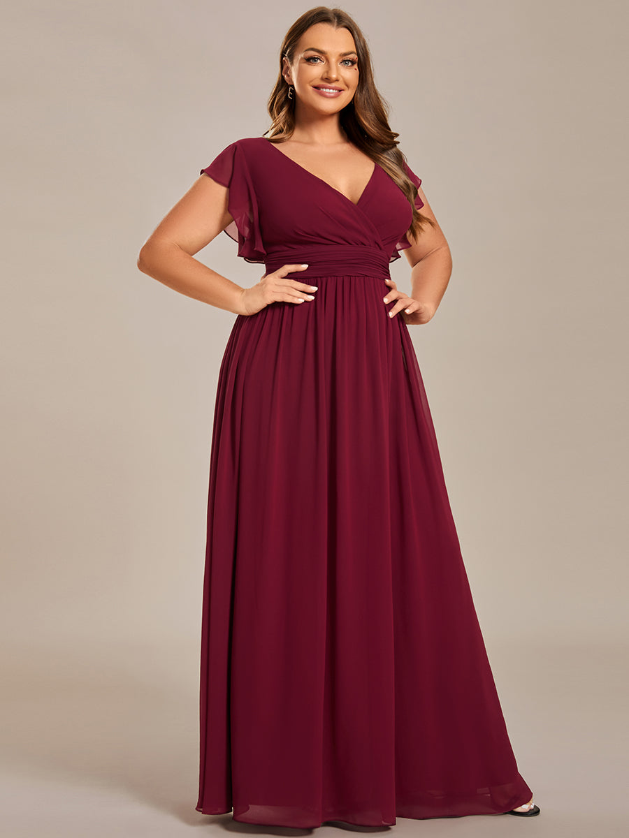 Color=Burgundy | V Neck Pleated Belted Ruffles Wholesale Bridesmaid Dresses-Burgundy 1