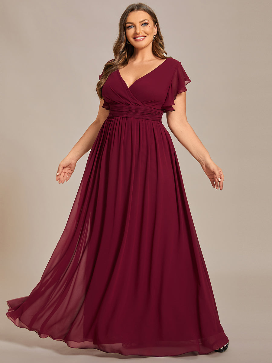 Color=Burgundy | V Neck Pleated Belted Ruffles Wholesale Bridesmaid Dresses-Burgundy 1