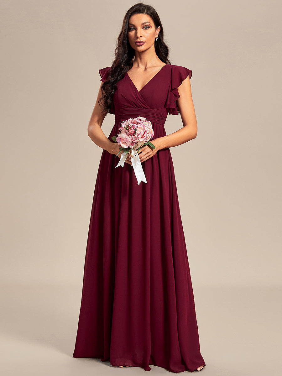 Color=Burgundy | V Neck Pleated Belted Ruffles Wholesale Bridesmaid Dresses-Burgundy 1