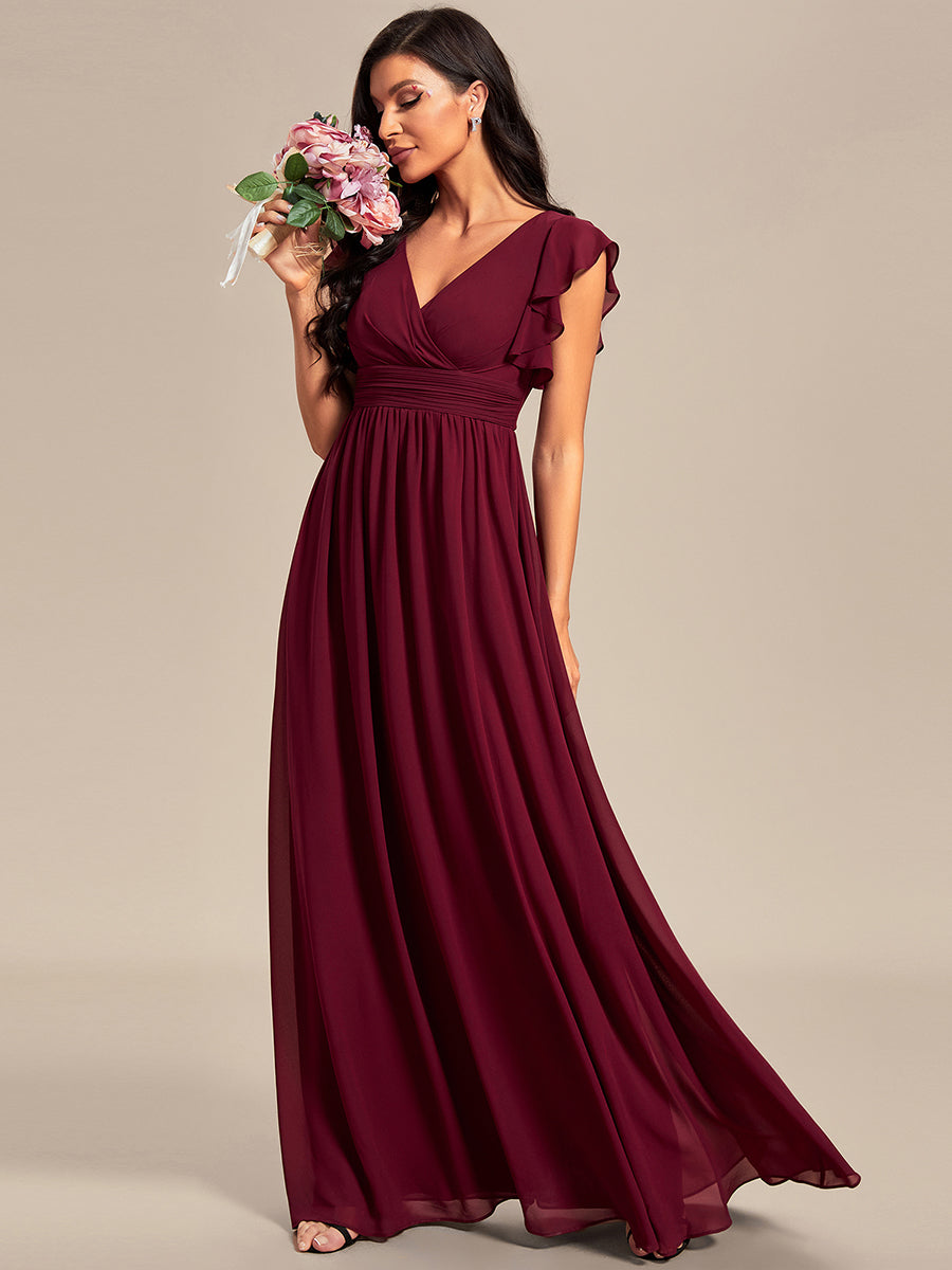 Color=Burgundy | V Neck Pleated Belted Ruffles Wholesale Bridesmaid Dresses-Burgundy 1