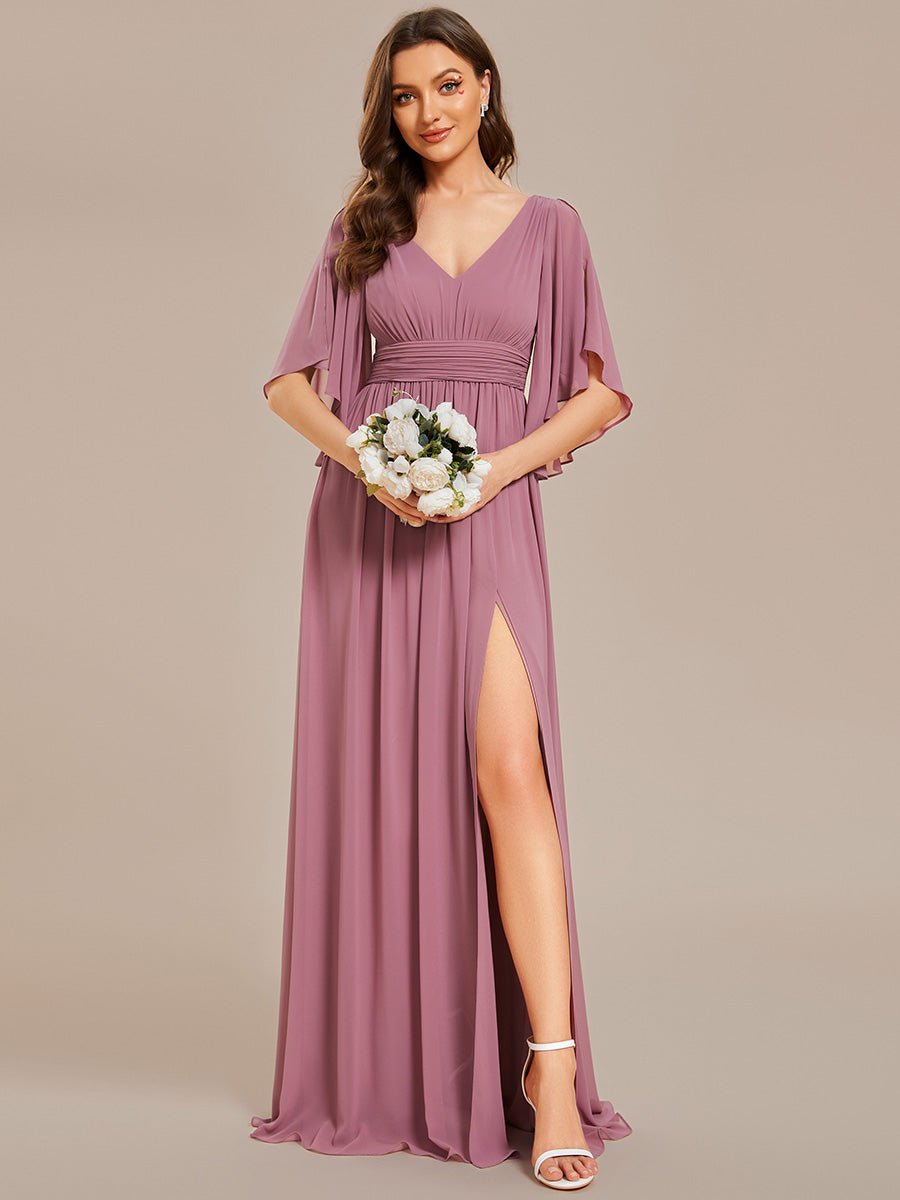 Color=Orchid | V Neck Pleated Belt Wholesale Chiffon Bridesmaid Dresses-Orchid 3