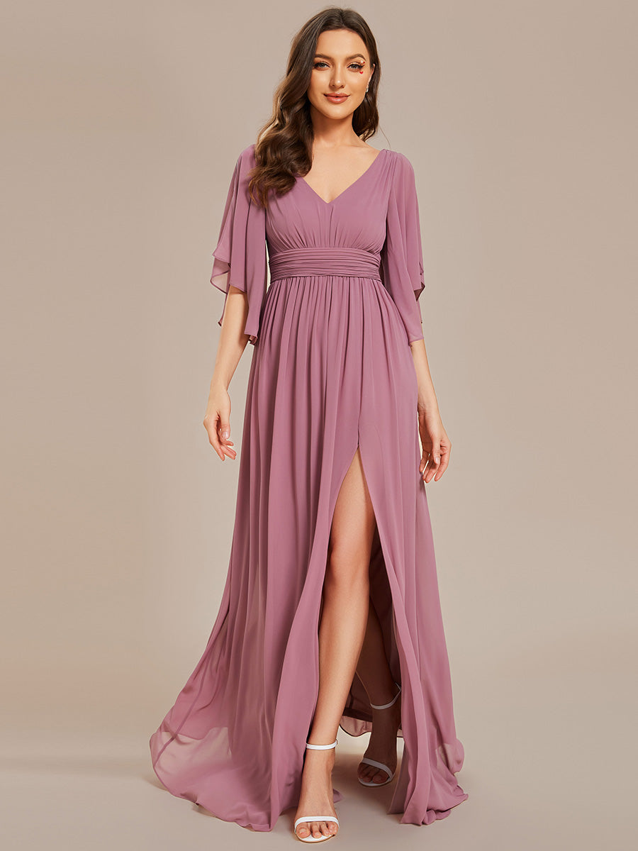 Color=Orchid | V Neck Pleated Belt Wholesale Chiffon Bridesmaid Dresses-Orchid 4