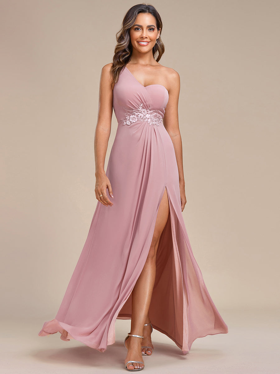 One Shoulder Pleated Split Appliques Wholesale Bridesmaid Dresses#Color_Dusty Rose