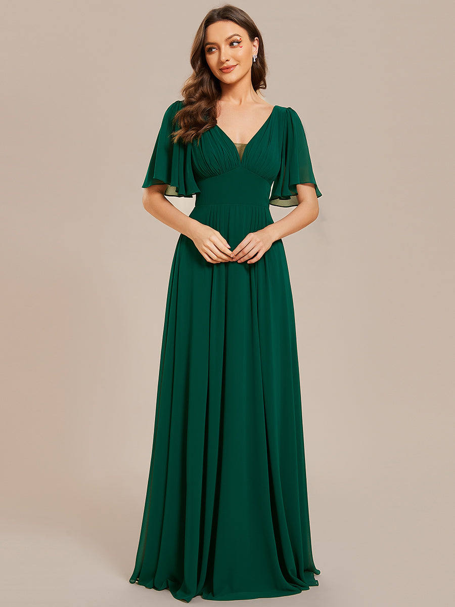 Color=Dark Green | Chiffion Empire Waist Floor Length V Neck Wholesale Evening Dress with Short Sleeves-Dark Green