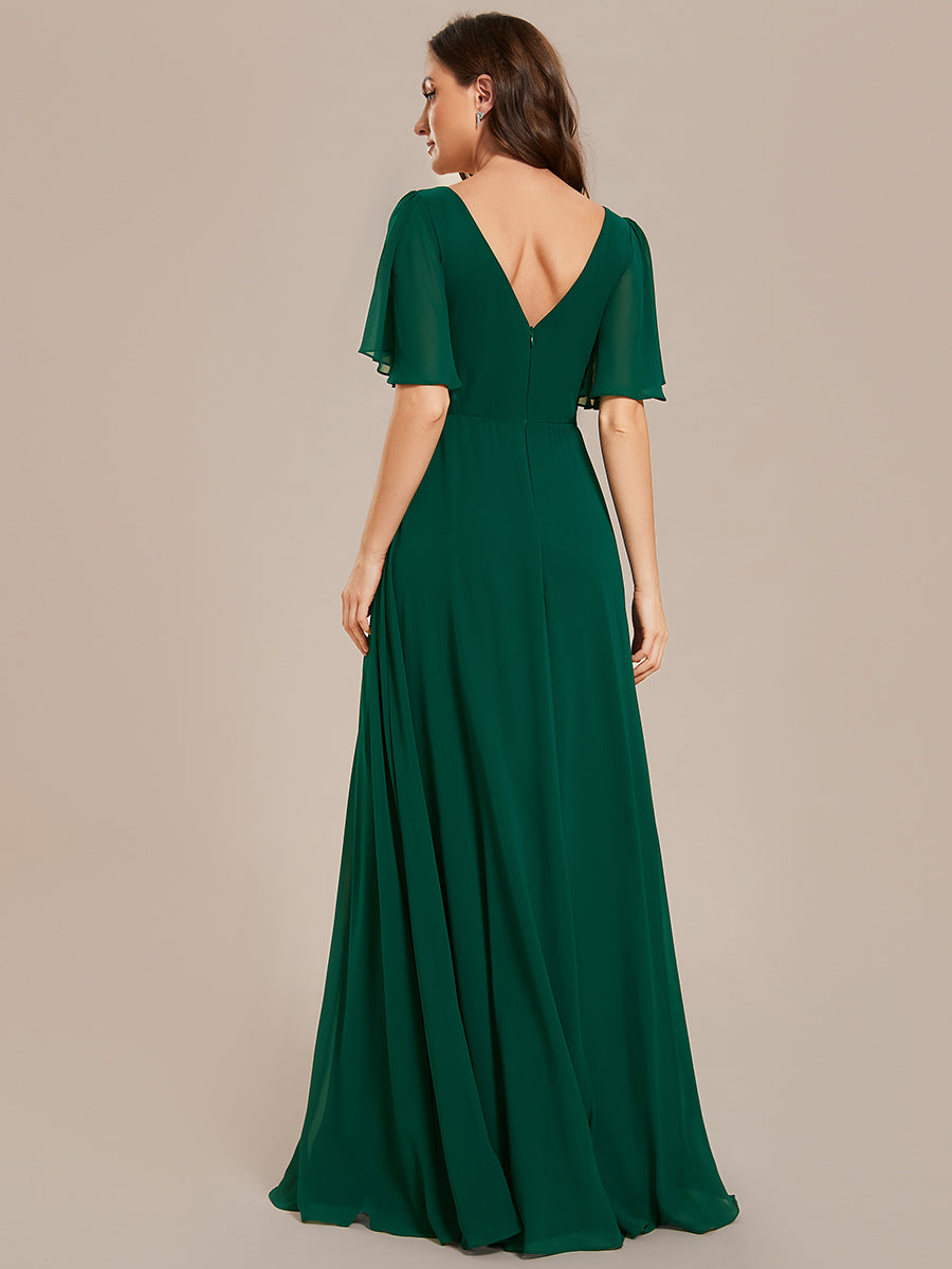 Color=Dark Green | Chiffion Empire Waist Floor Length V Neck Wholesale Evening Dress with Short Sleeves-Dark Green