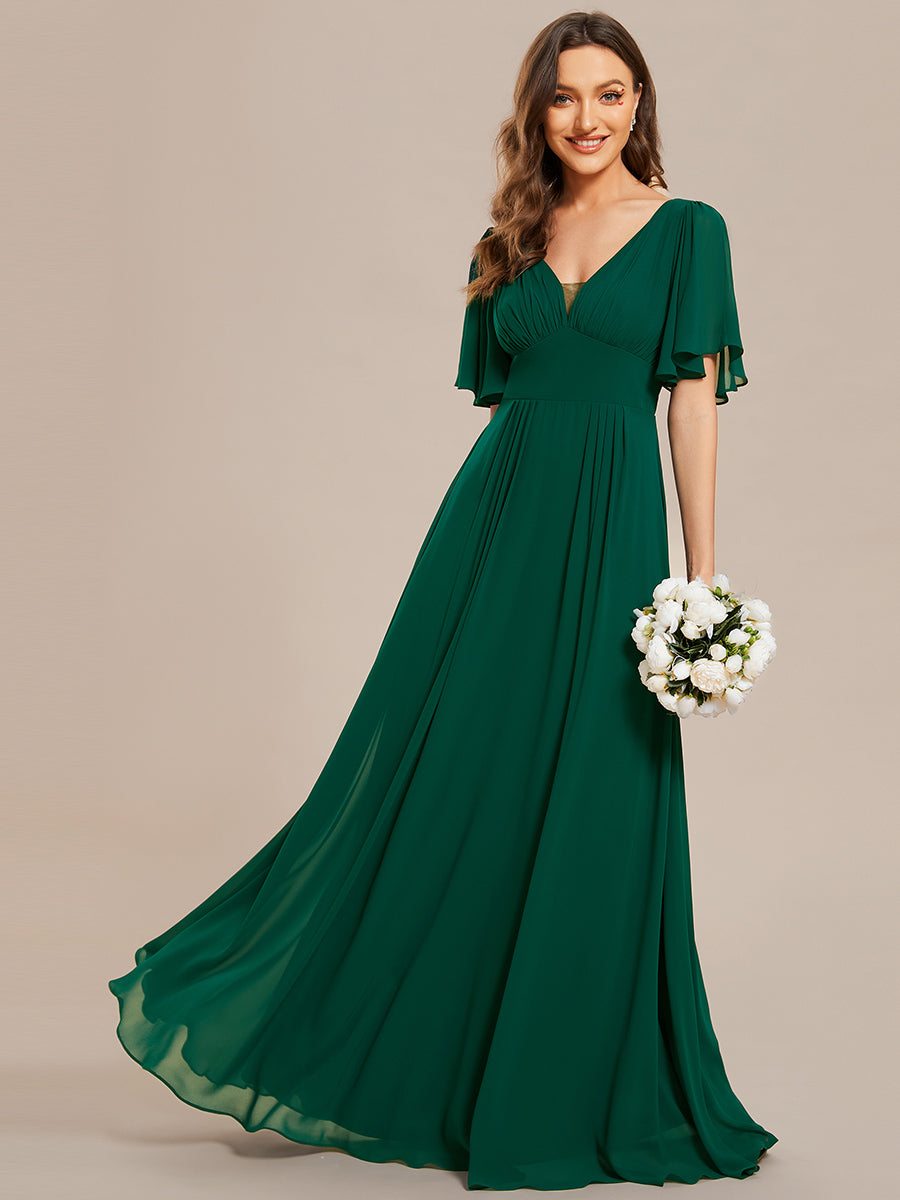 Color=Dark Green | Chiffion Empire Waist Floor Length V Neck Wholesale Evening Dress with Short Sleeves-Dark Green