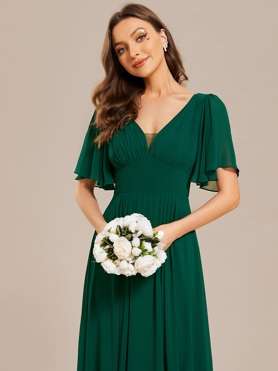Color=Dark Green | Chiffion Empire Waist Floor Length V Neck Wholesale Evening Dress with Short Sleeves-Dark Green