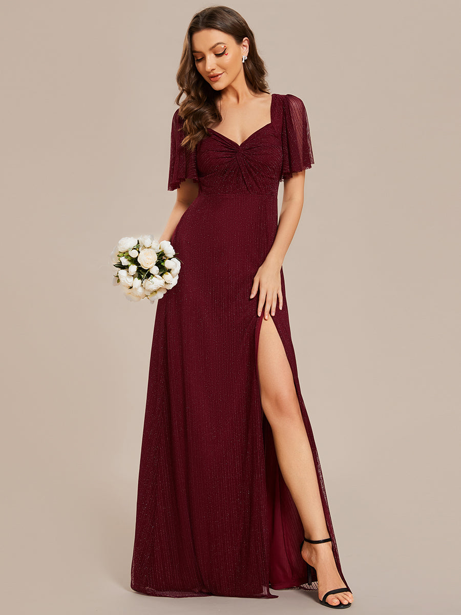 Color=Burgundy | Shiny Maxi Long V-Neck Wholesale Evening Dresses With Short Sleeve-Burgundy 1