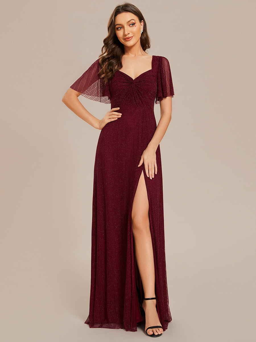 Color=Burgundy | Shiny Maxi Long V-Neck Wholesale Evening Dresses With Short Sleeve-Burgundy 3
