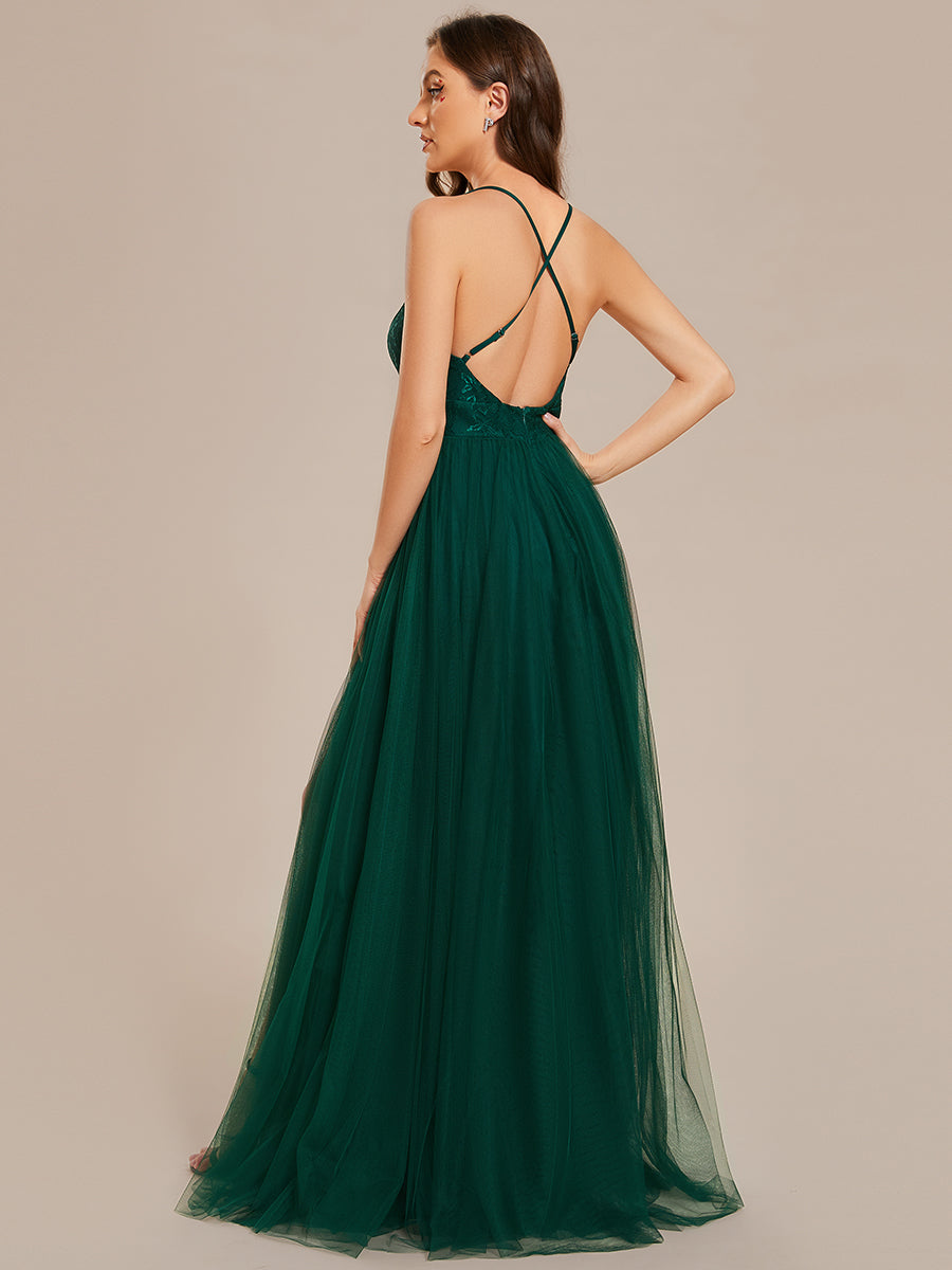 Color=Dark Green | Sleeveless Embroidery Floor Length V Neck Wholesale Evening Dress with Spaghetti Straps-Dark Green 5