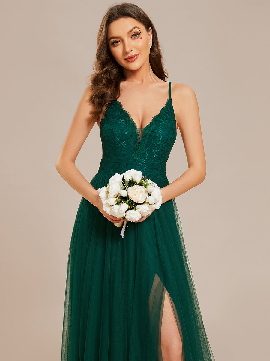 Color=Dark Green | Sleeveless Embroidery Floor Length V Neck Wholesale Evening Dress with Spaghetti Straps-Dark Green 4
