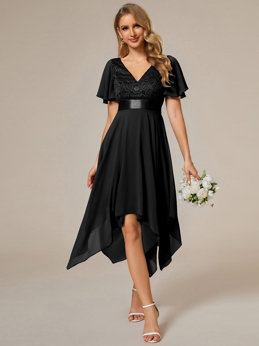 Color=Black | Deep V Neck Chiffon Wholesale Evening Gown With Short Sleeves-Black 1