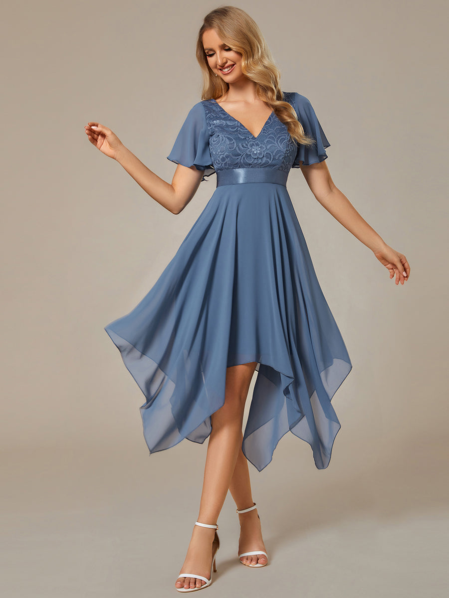 Color=Dusty Blue | Deep V Neck Chiffon Wholesale Evening Gown With Short Sleeves-Dusty Blue 1